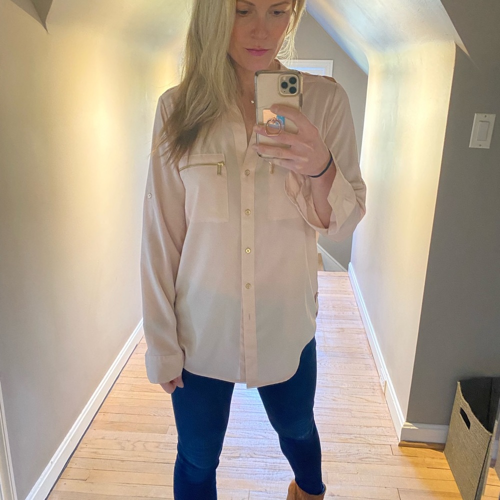 Calvin Klein blouse, XS. Gold detail on blush fabric.